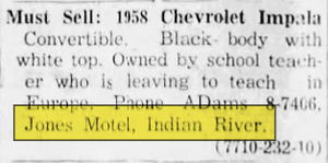 Indian River Motel and Cottages - Jun 30 1960 Ad For Car